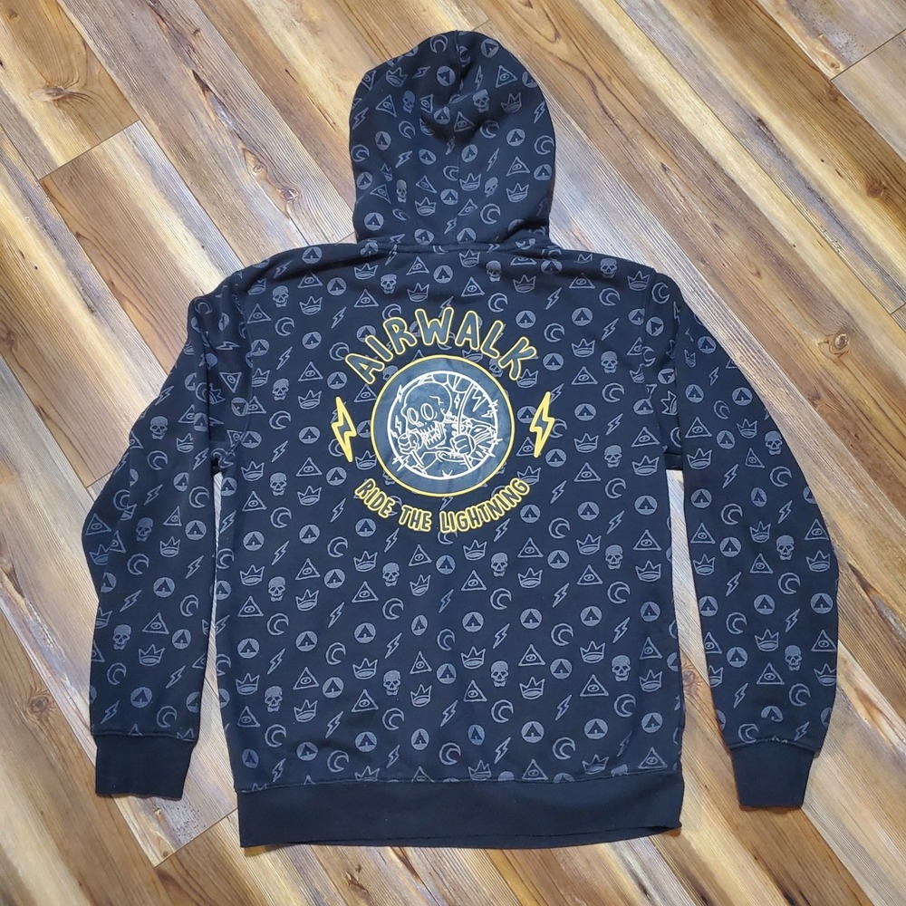 Airwalk Ride The Lightning Hoodie Mens Large Black Skulls Skateboard AOP